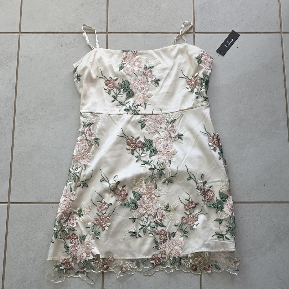 Lulu's Cream Floral Embroidered Mini Dress
